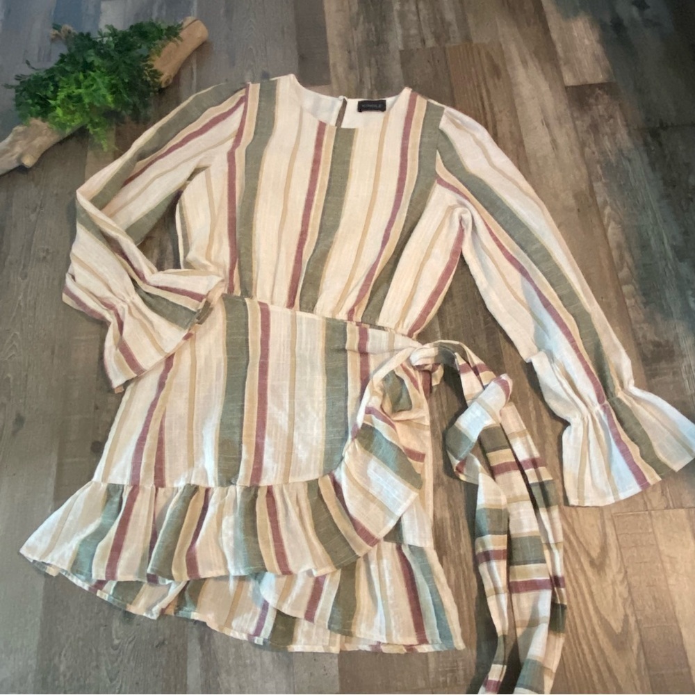 KINDLE Fall Earth Tone Neutral Long-sleeve Faux Wrap Mini Dress Size Large